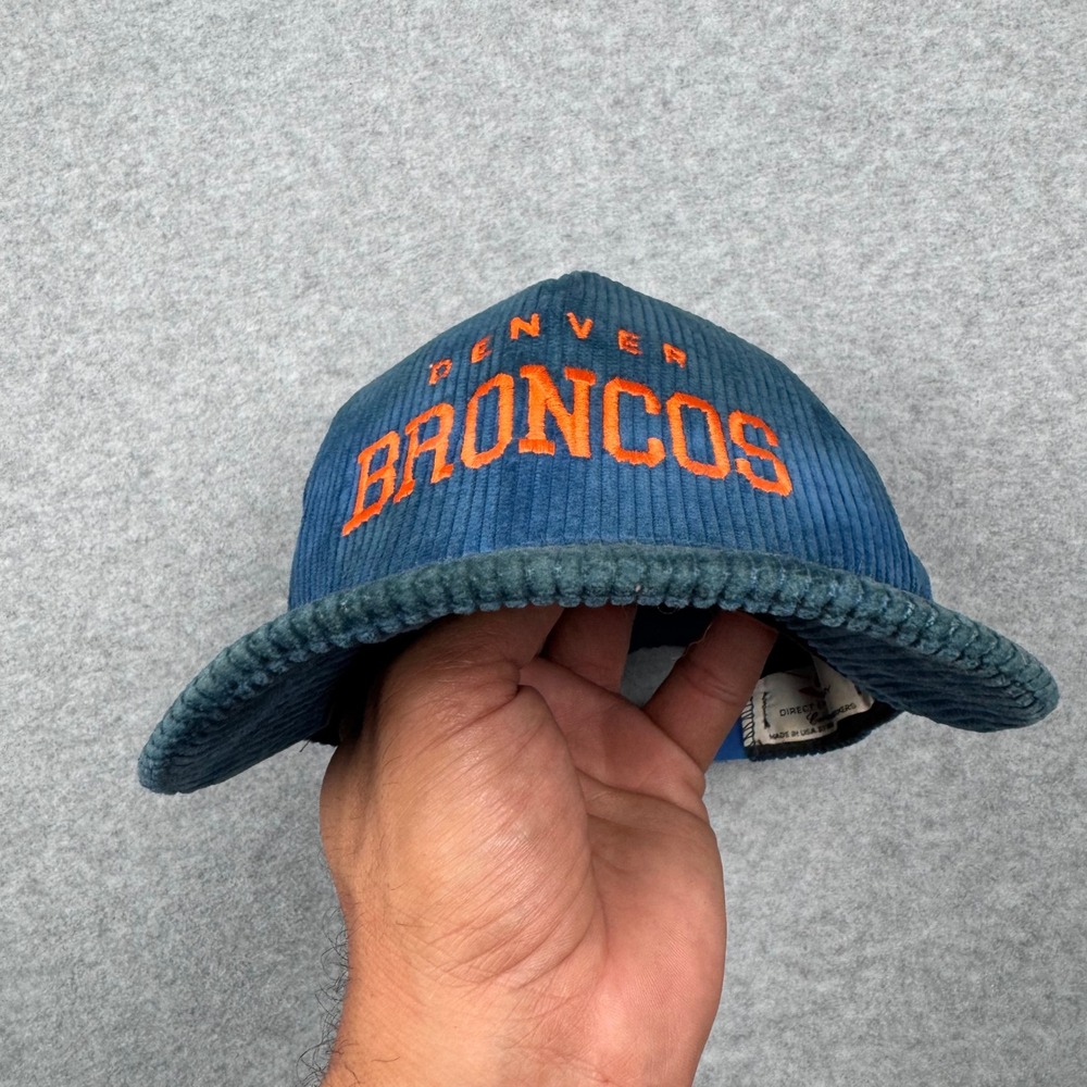 Vintage Denver Broncos AJD Corduroy Snapback Hat Blue Orange Made in USA NFL Cap - Picture 10 of 11